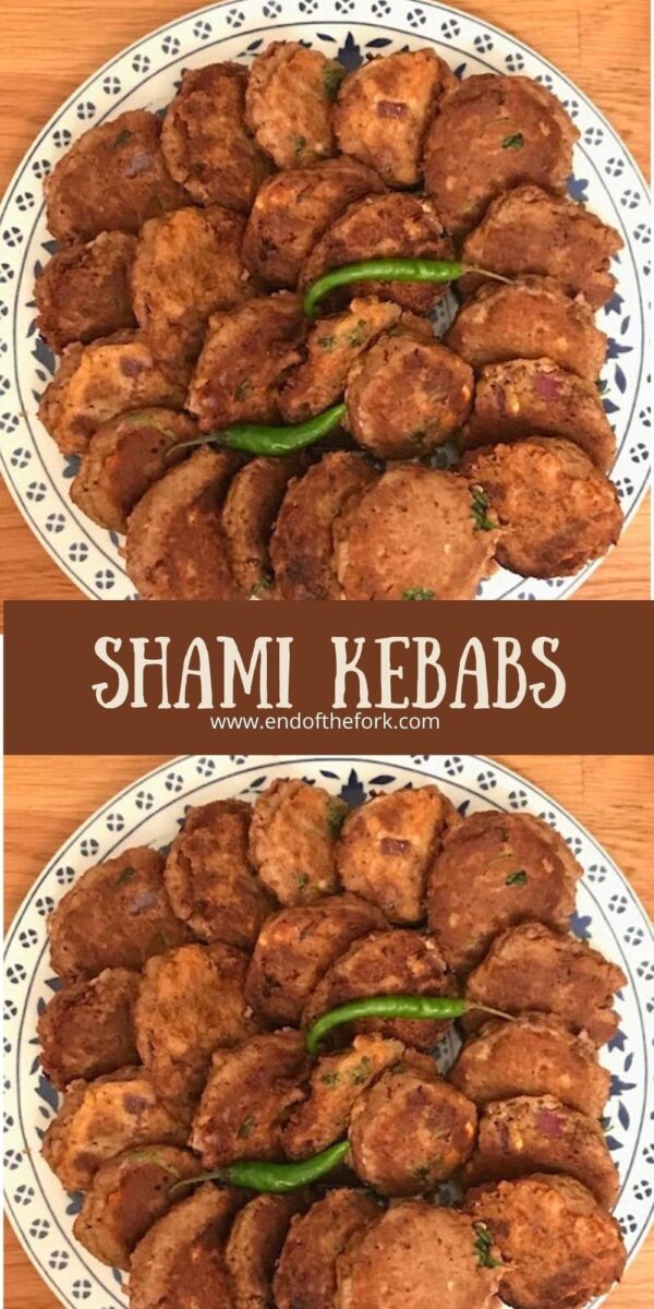 Pin image of two plates of shami kebabs.