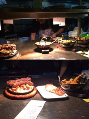 Two images of kitchen hatch with freshly prepared grilled meats and curries