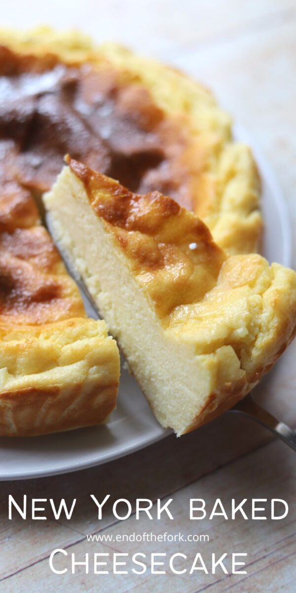 Pin image of sliced baked cheesecake.