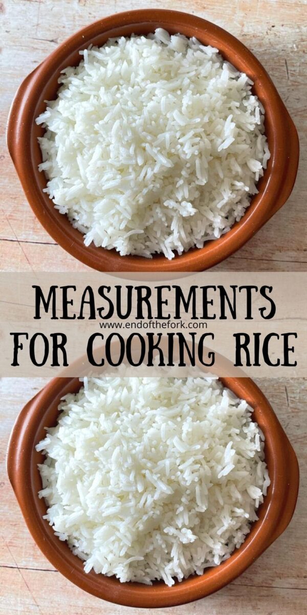 pin of two images of boiled rice in brown bowls.