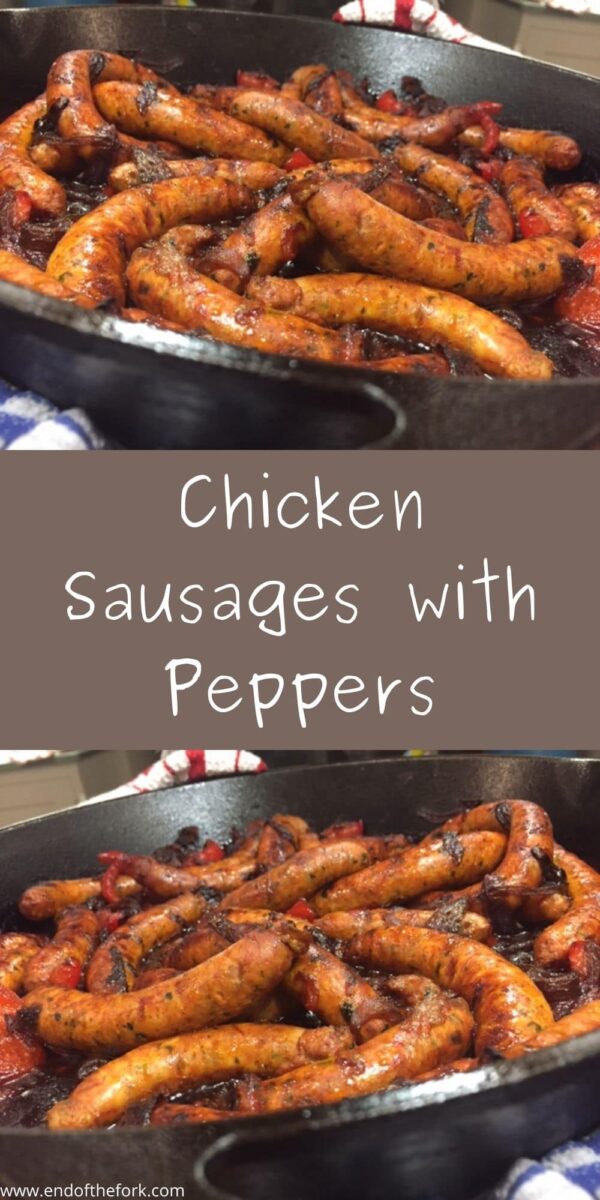 pin image of sausages in skillet and text overlay
