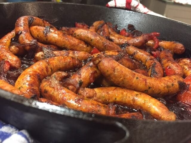 close view of sausages with peppers