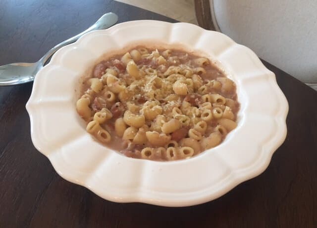 Pasta & Borlotti Bean Soup in a white bowl