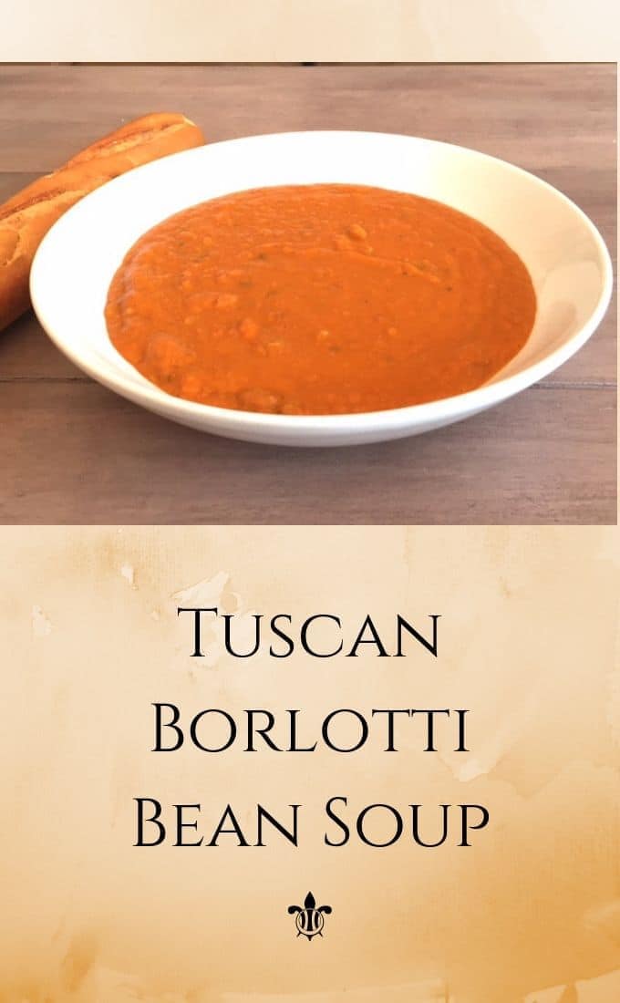 Pin image Tuscan bean soup in white bowl and text overlay