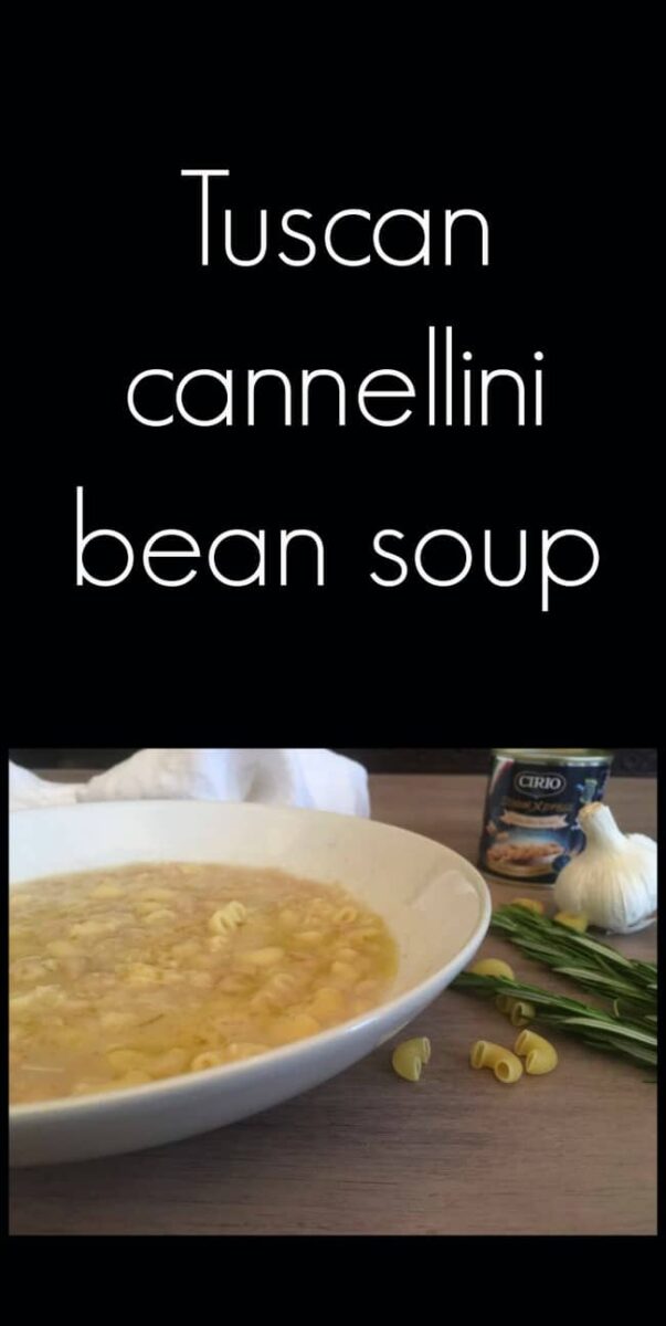 Pin image tuscan cannellini soup in white bowl and text overlay