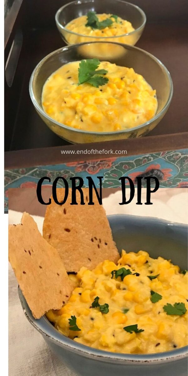 Pin two images of corn dip in blue bowl and on wooden tray.