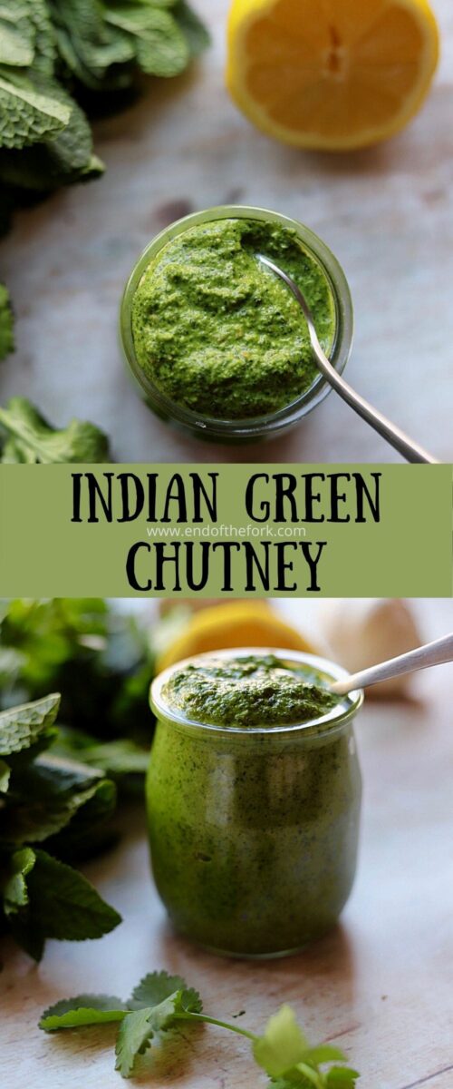Pin of two images of green chutney in glass jars.