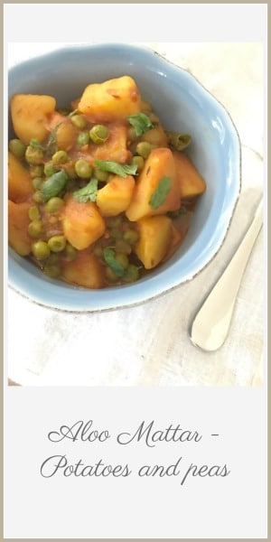 Pin image of aloo muttar in blue bowl and text overlay