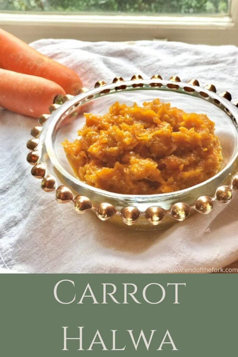 Pin image carrot halwa in bowl with text overlay