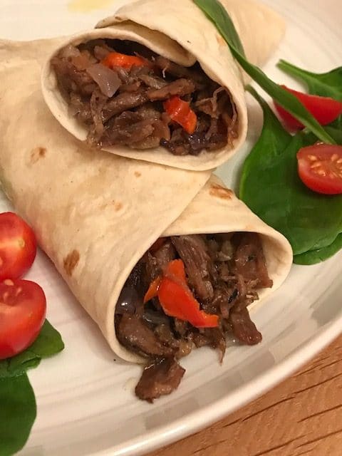 2 Pulled beef wraps on a plate