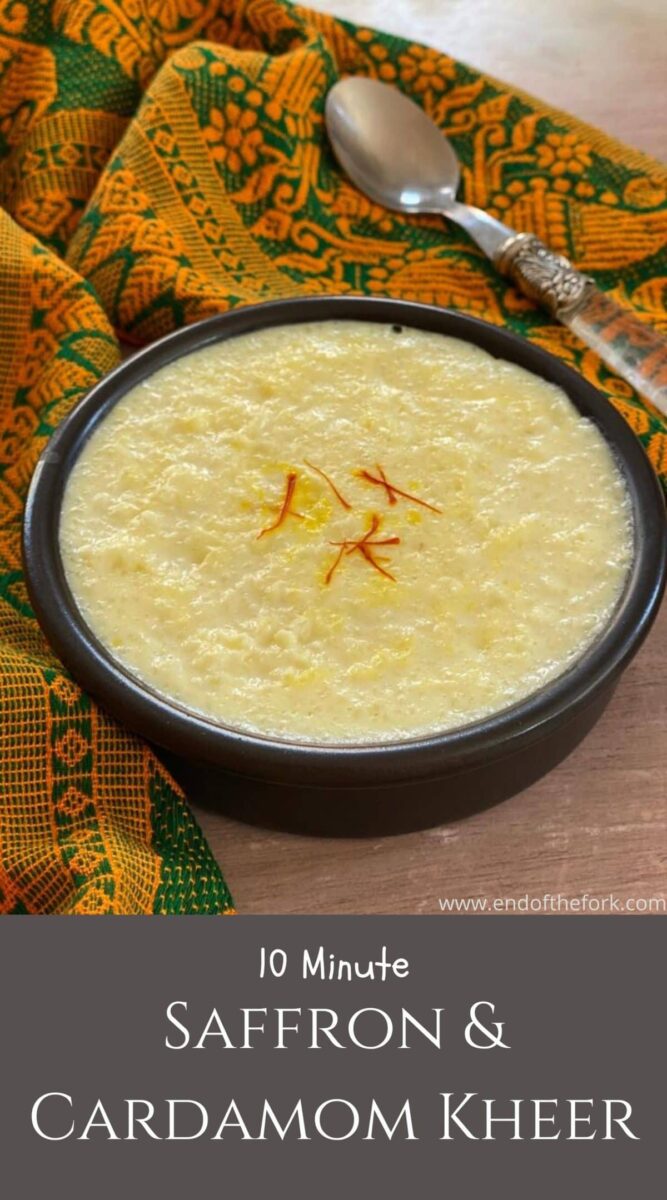 Pin Image black bowl with kheer with saffron strands.