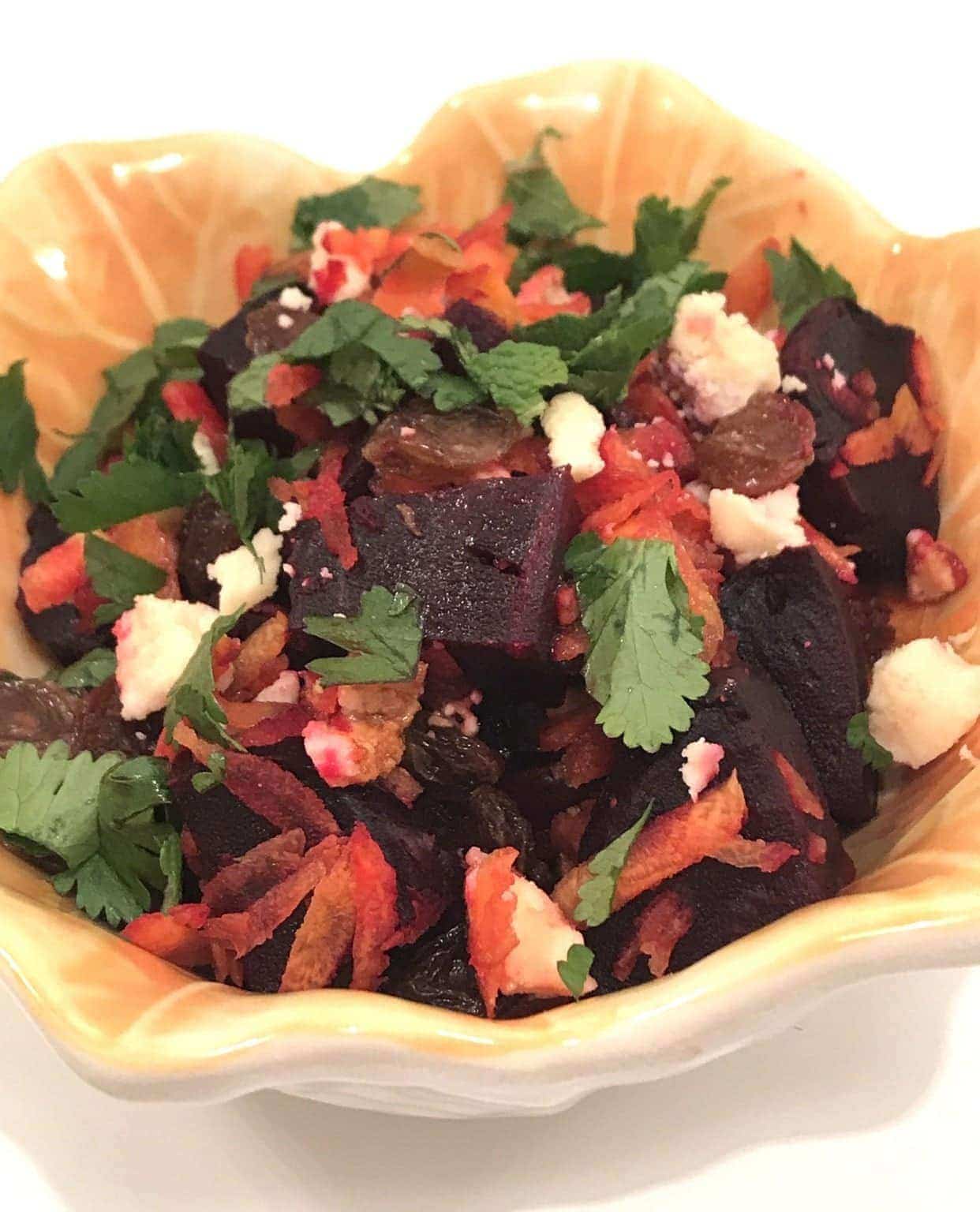 beet salad in a yellow bowl