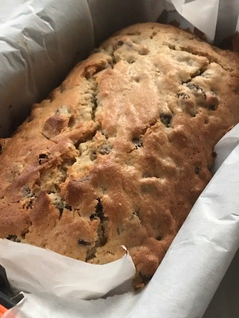 cardamom sultana bread in loaf tin