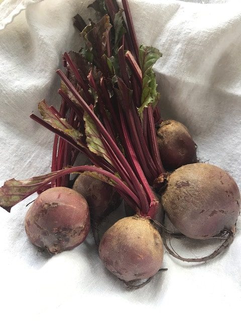 raw beetroot with stems on a white cloth