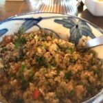 quinoa salad in blue and white bowl