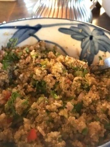 quinoa salad in blue and white bowl