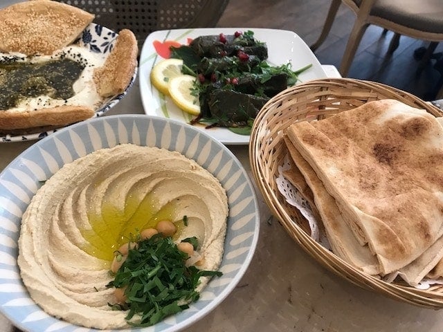 Dishes with vine leaves, hummus and pitta
