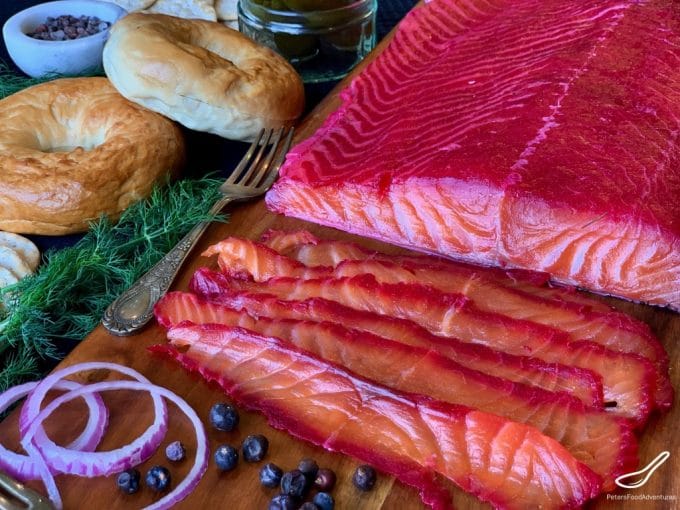 stained red salmon, partially sliced