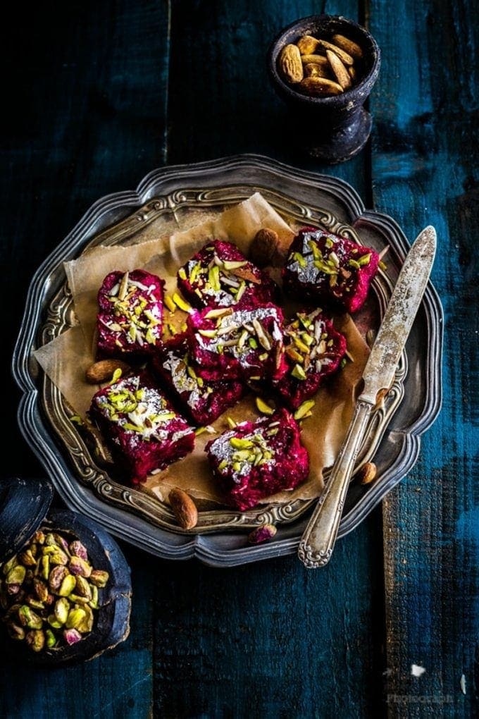 Beet fudge on silver plate with knife 