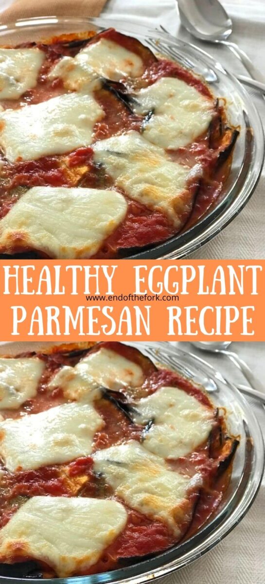 Pin of two images of eggplant parmesan in round dishes.