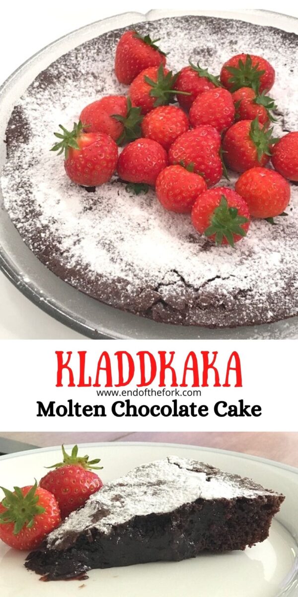 Pin image of Kladdkaka on plate and side view of a slice.