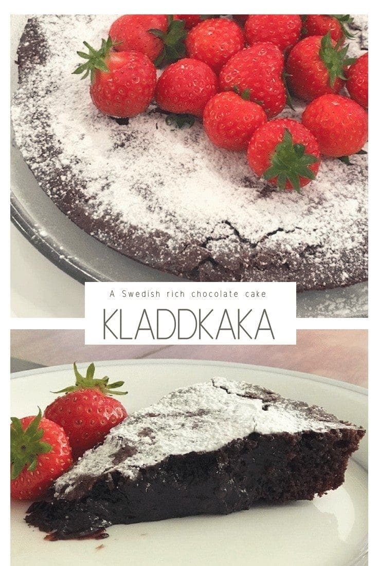 Pin image of kladdkaka cake with strawberries