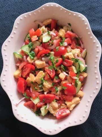 view of the salad in lilac serving bowl