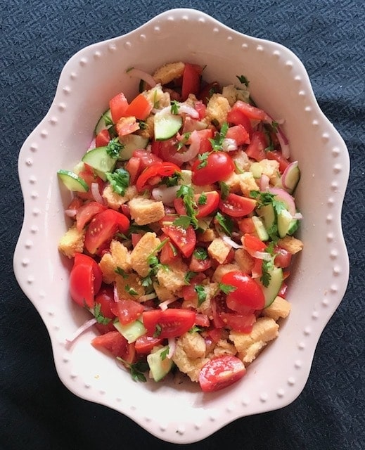 view of the salad in lilac serving bowl