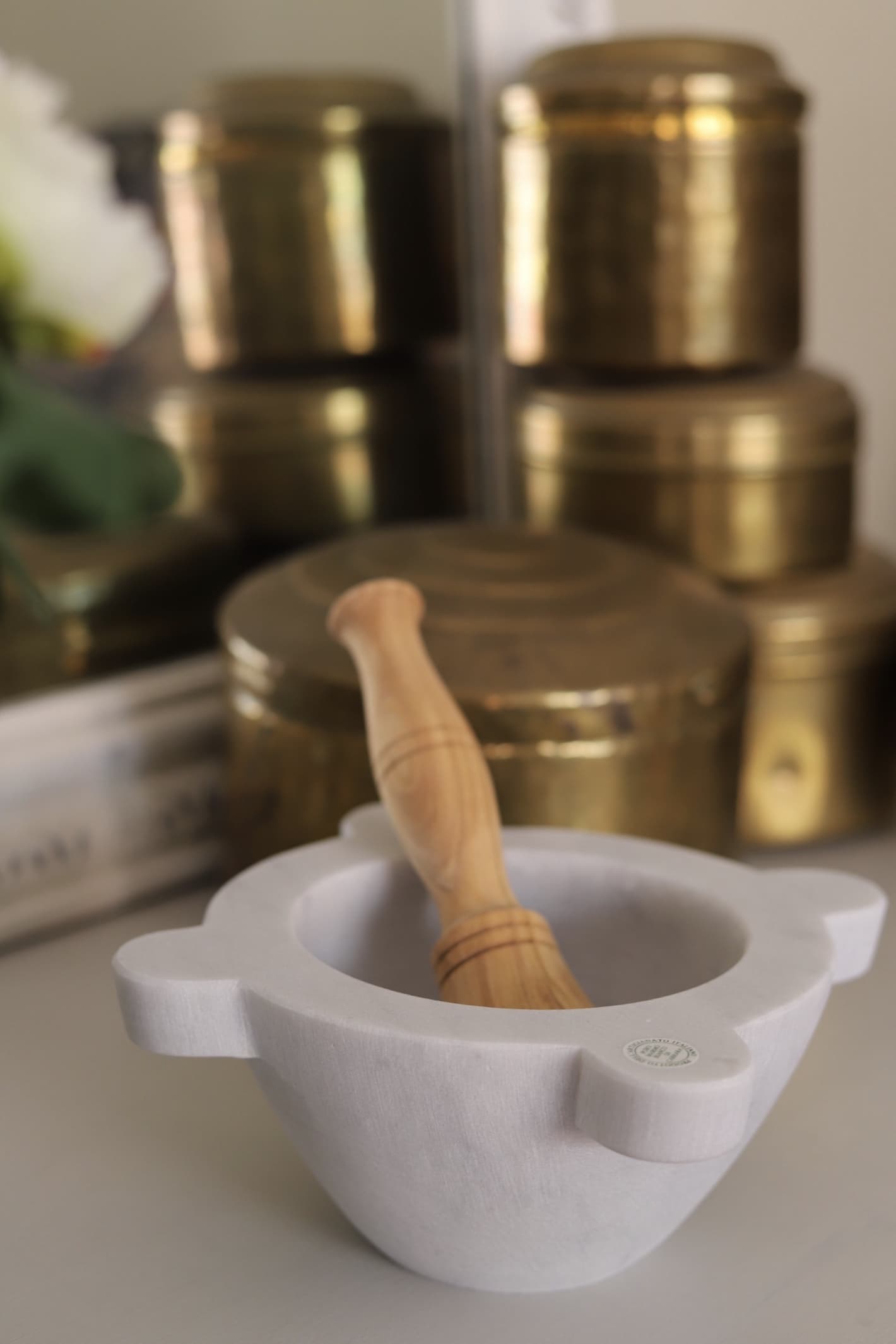 pestle and marble mortar with boxes 