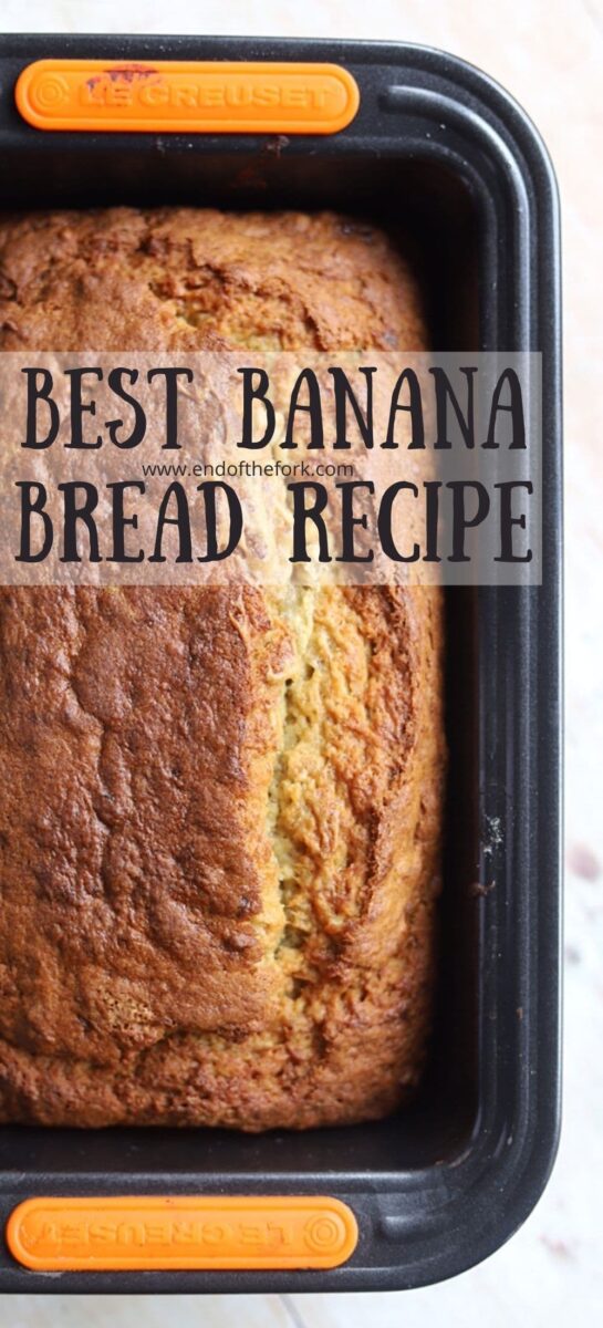 Pin image of banana bread in a loaf tin.
