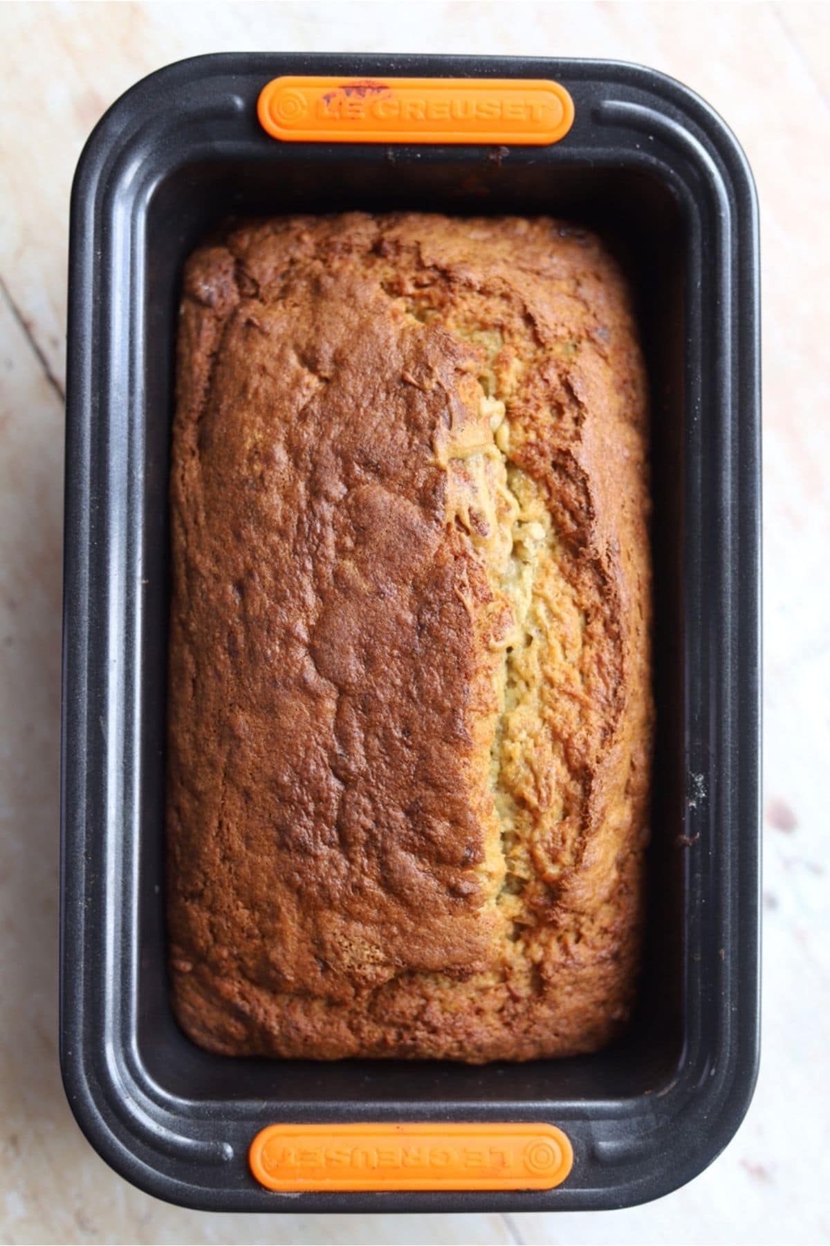 Baked banana bread in a loaf pan