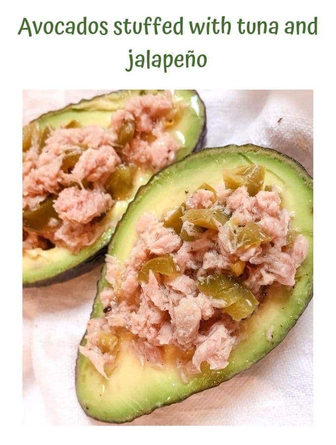 Pin image Filled Avocados with tuna & jalapeno and text overlay