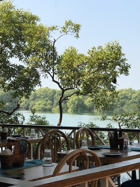 outdoor seating by the river