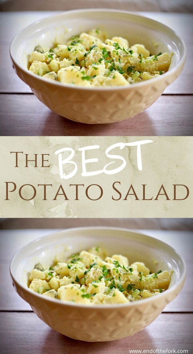 Pin images of potato salad in bowl with chopped parsley.