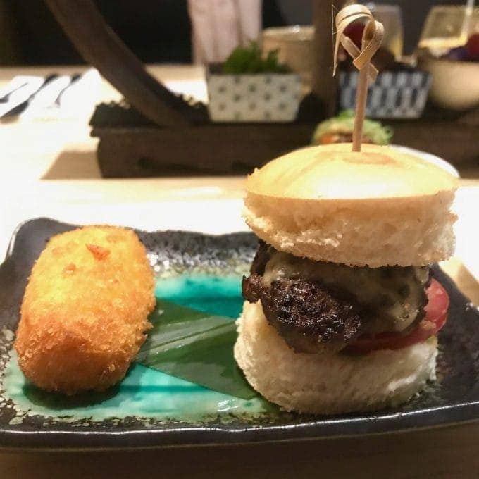 Mini slider and crab croquette.