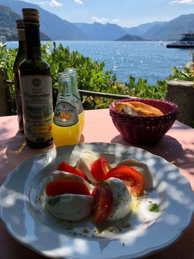 Plate of food with a view of lake