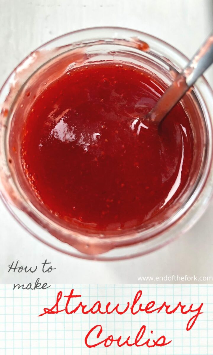 Pin image of strawberry coulis in glass jar with spoon.