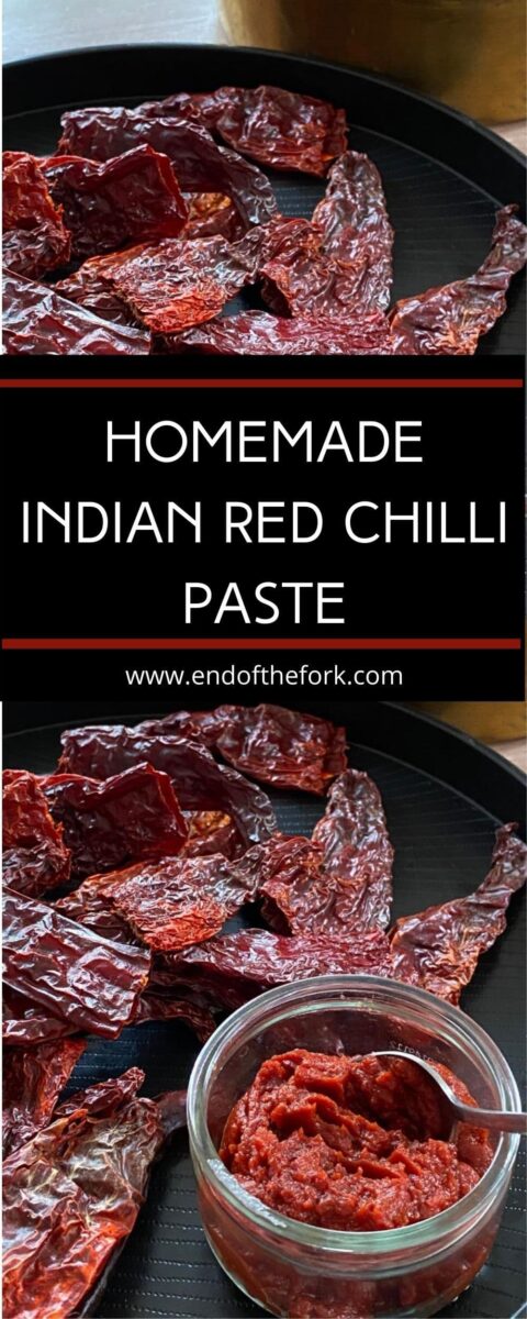 Pin image Kashmiri dried red chillies with small bowl of chilli paste