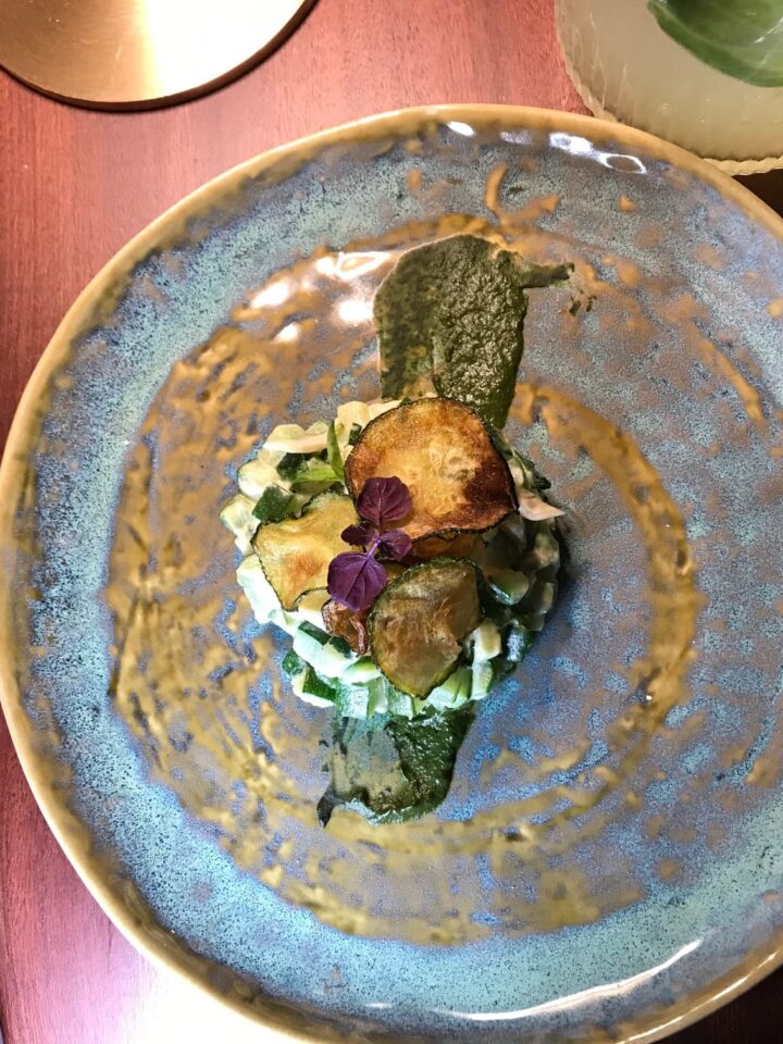 zucchini starter on a blue rustic plate