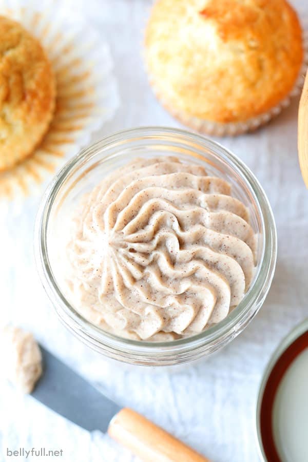 Piped Cinnamon butter in glass jar showing swirls