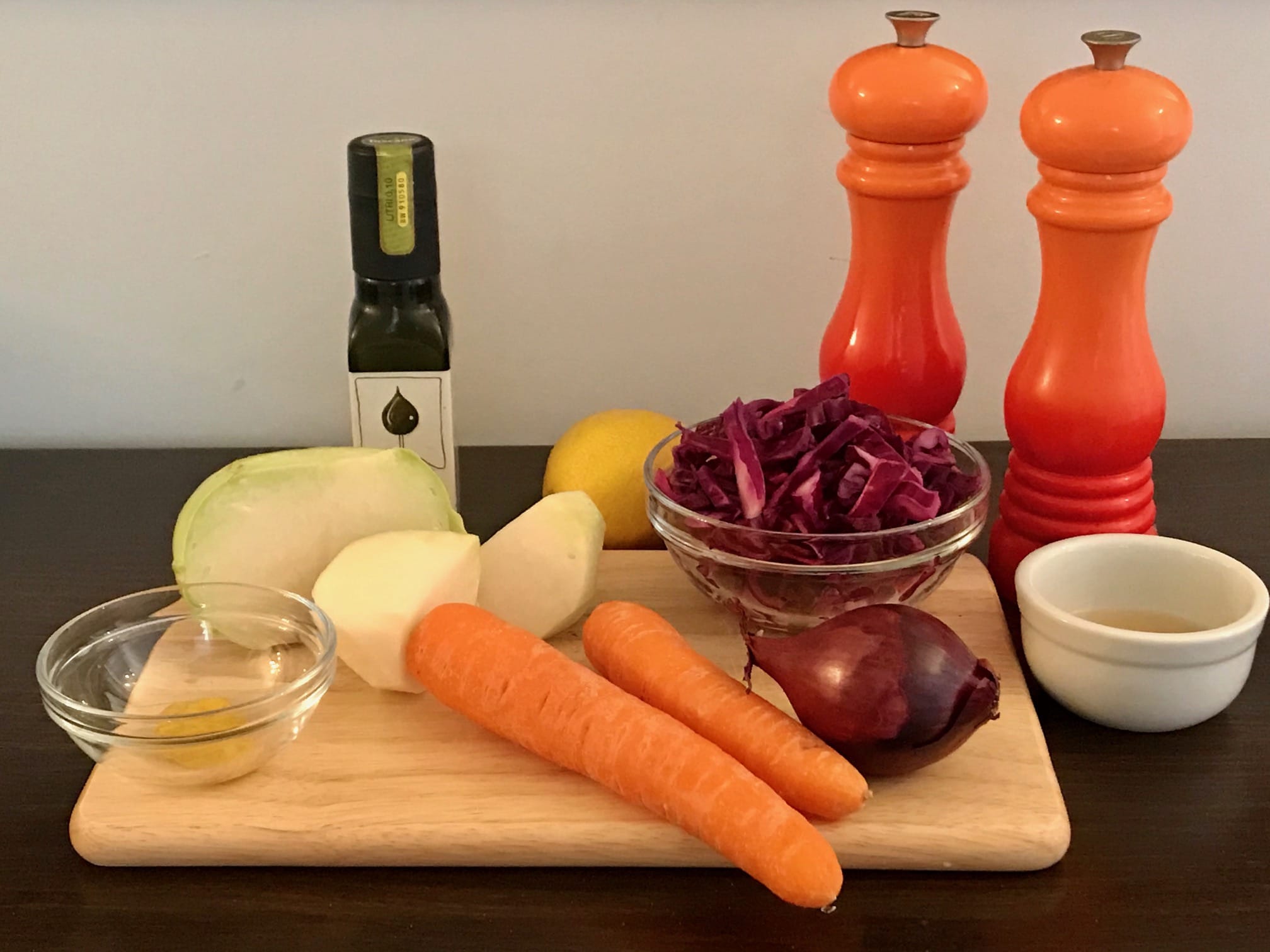 Slaw ingredients laid out on a table
