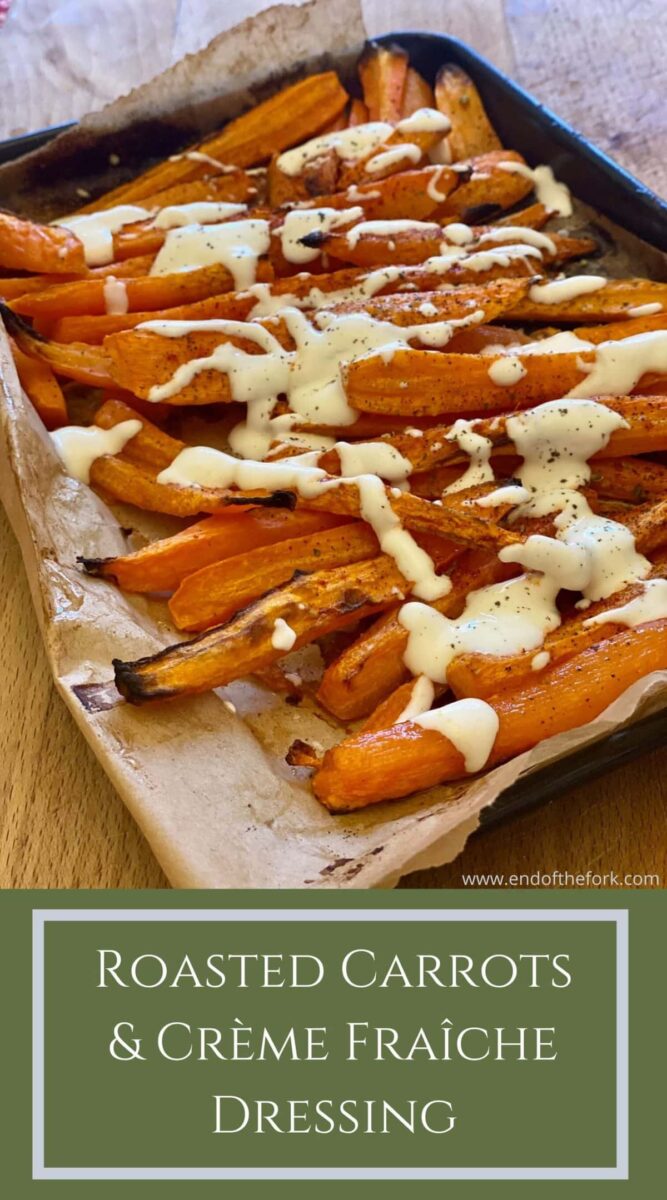 Pin image carrots in roasting tray and text overlay