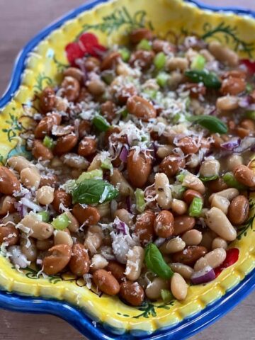 Image of two bean salad on a colourful plate.