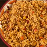 closeup Mexican rice in decorated bowl