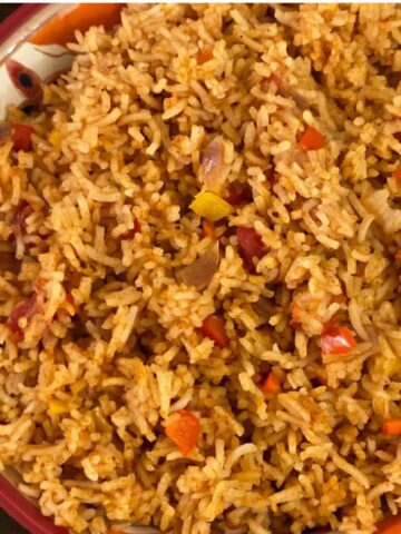 closeup Mexican rice in decorated bowl