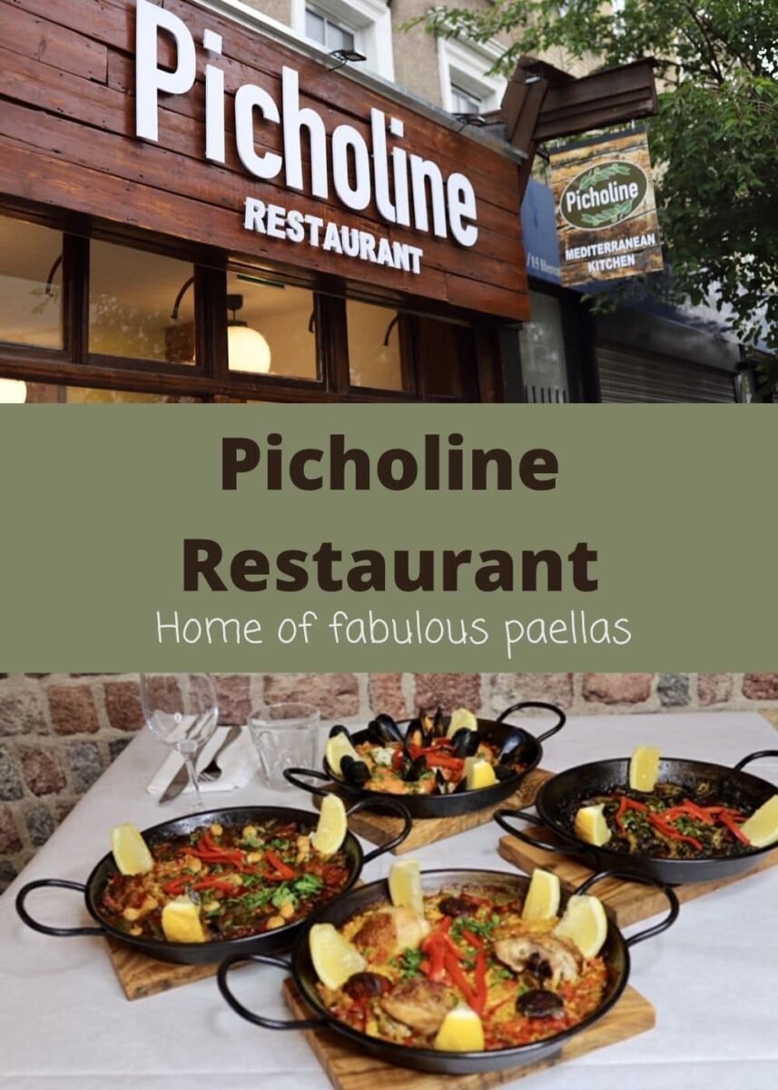 Pin of Picholine exterior and 4 paellas with text overlay