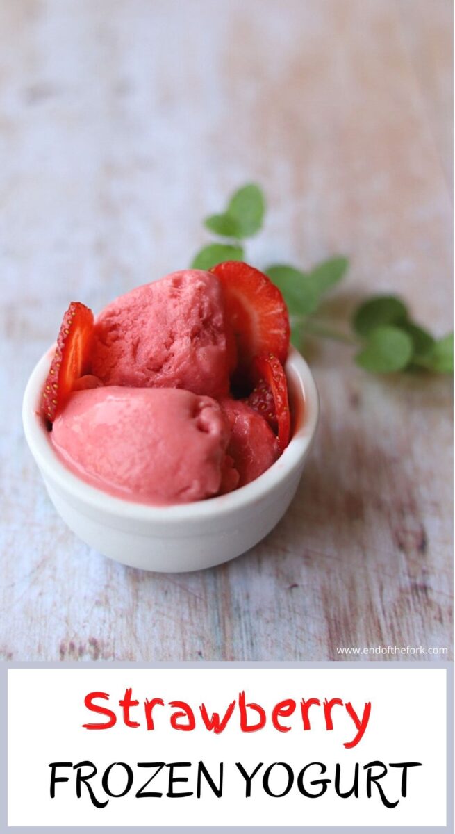 pin image of strawberry frozen yogurt in small white bowl