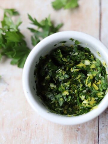 Gremolata in small white bowl