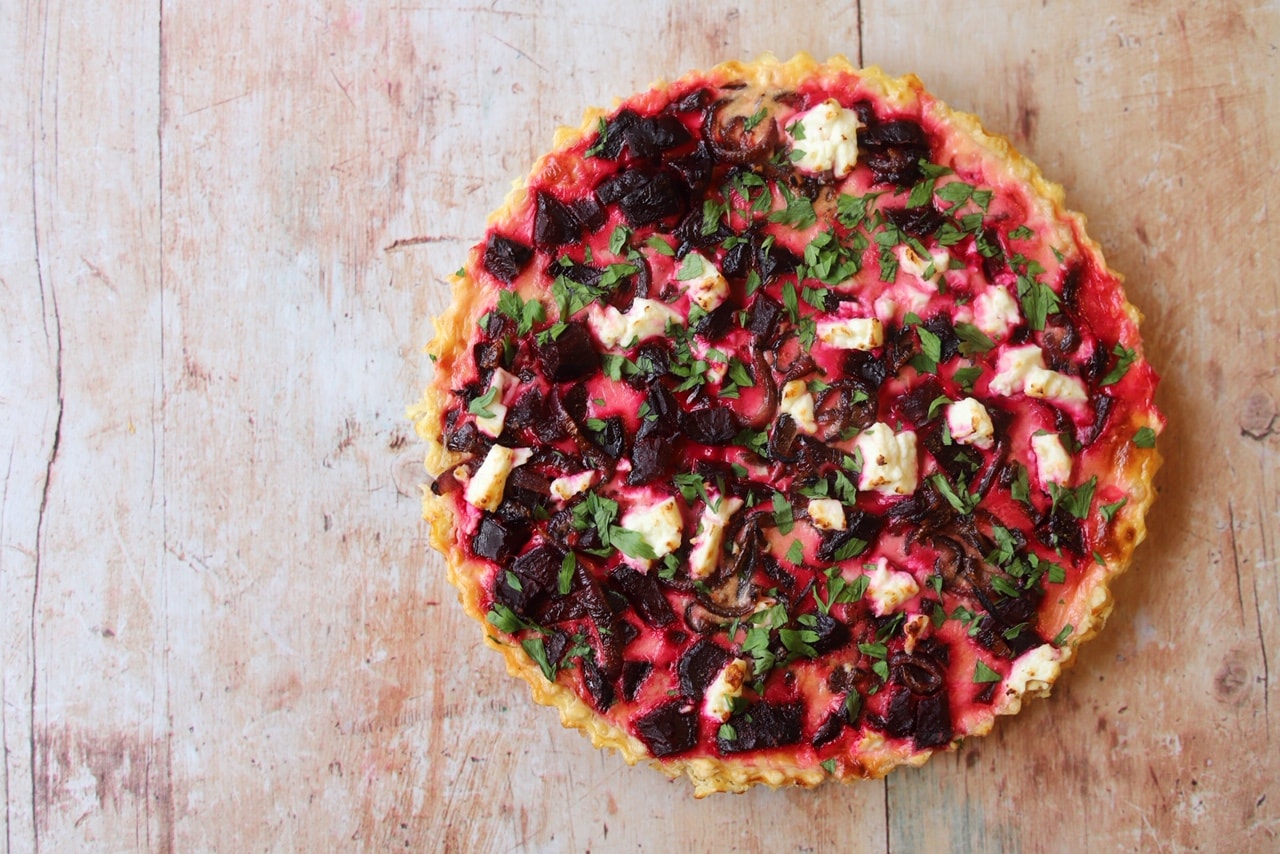Baked beet tart with feta cheese