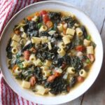 Minestrone soup in a white bowl